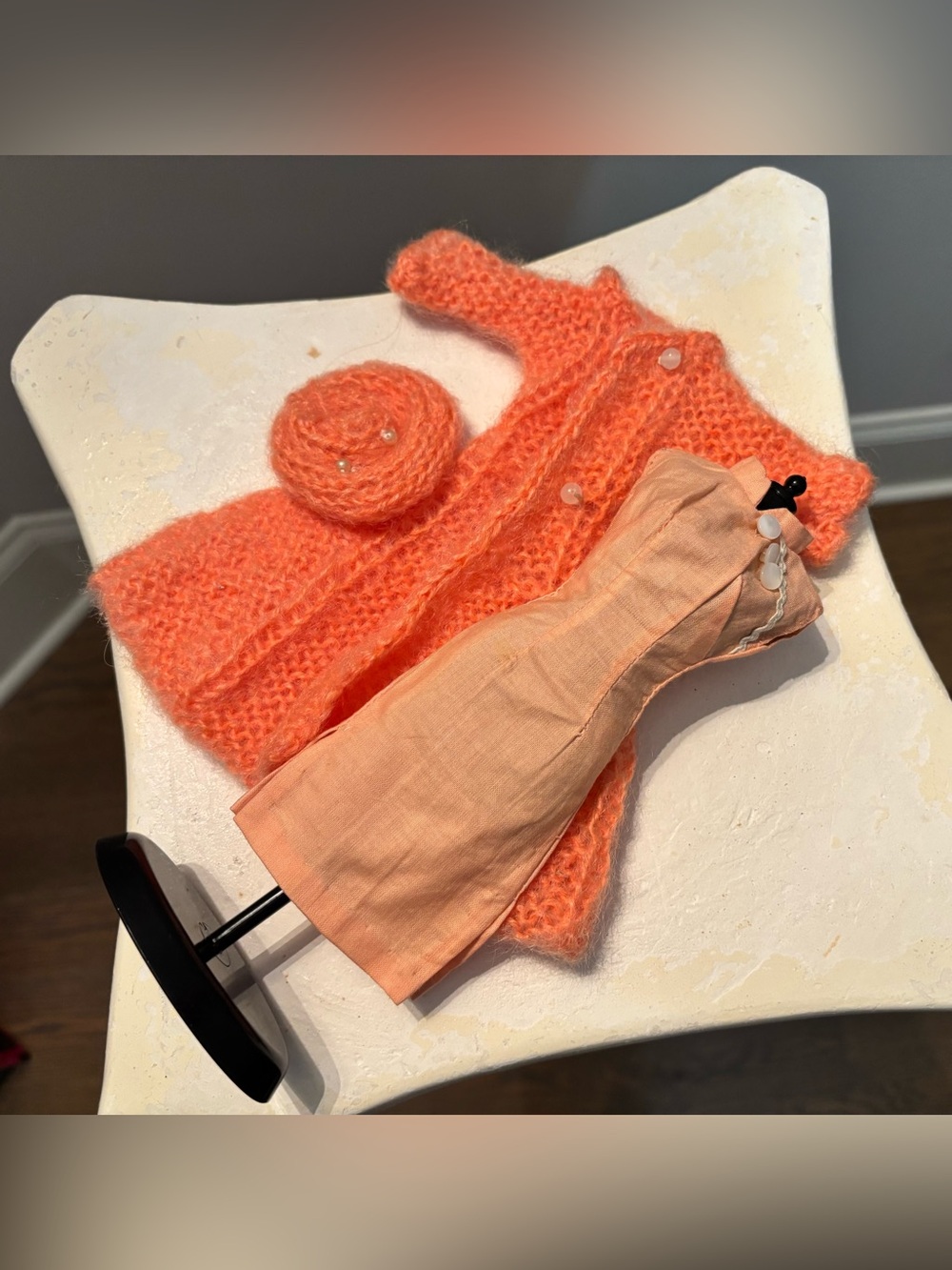 Vintage barbie doll orange angora knit long coat & hat with asian inspired dress